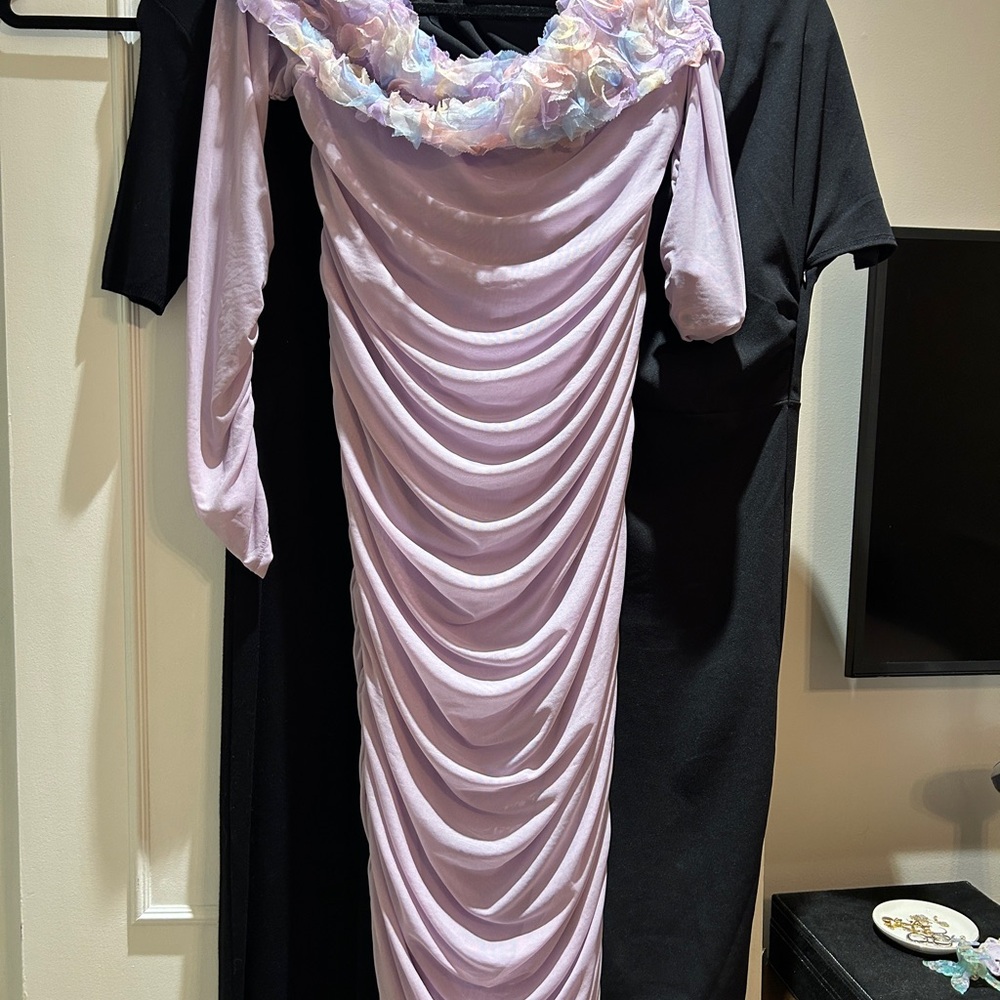 Purple Cowl Neck Ruched Gown with 3/4 Sleeves
